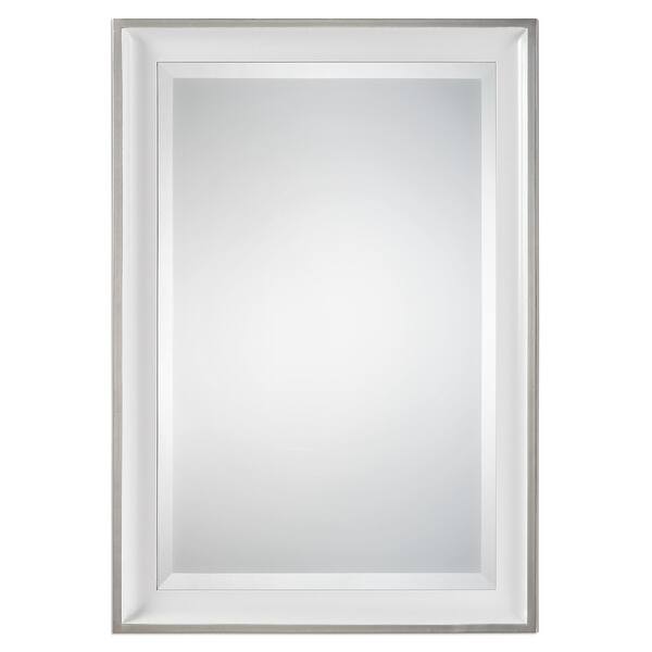 34" White Silver Beveled Vanity Mirror w Glossy Leaf Sloped Frame Bed